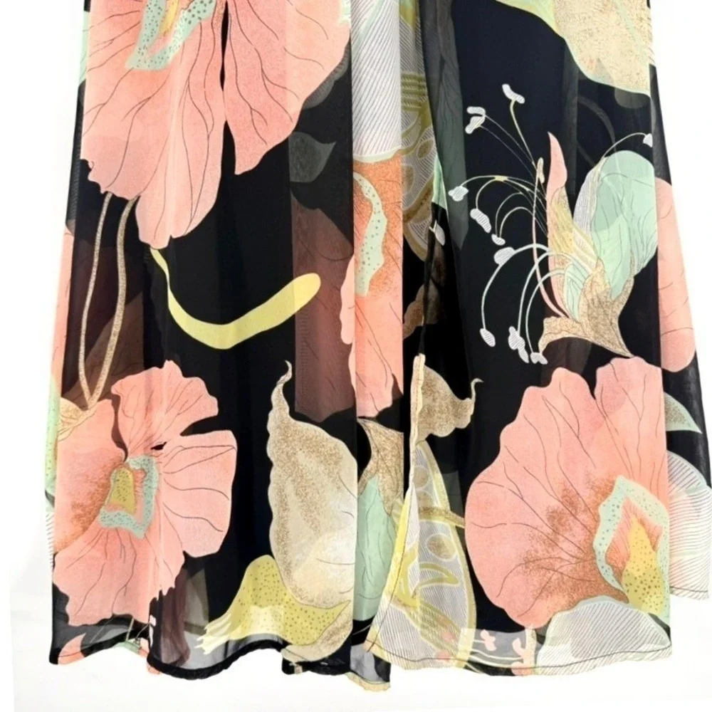 Lulus Black Floral Chiffon Water Lily Maxi Dress Old Hollywood Glam Whimsigoth S